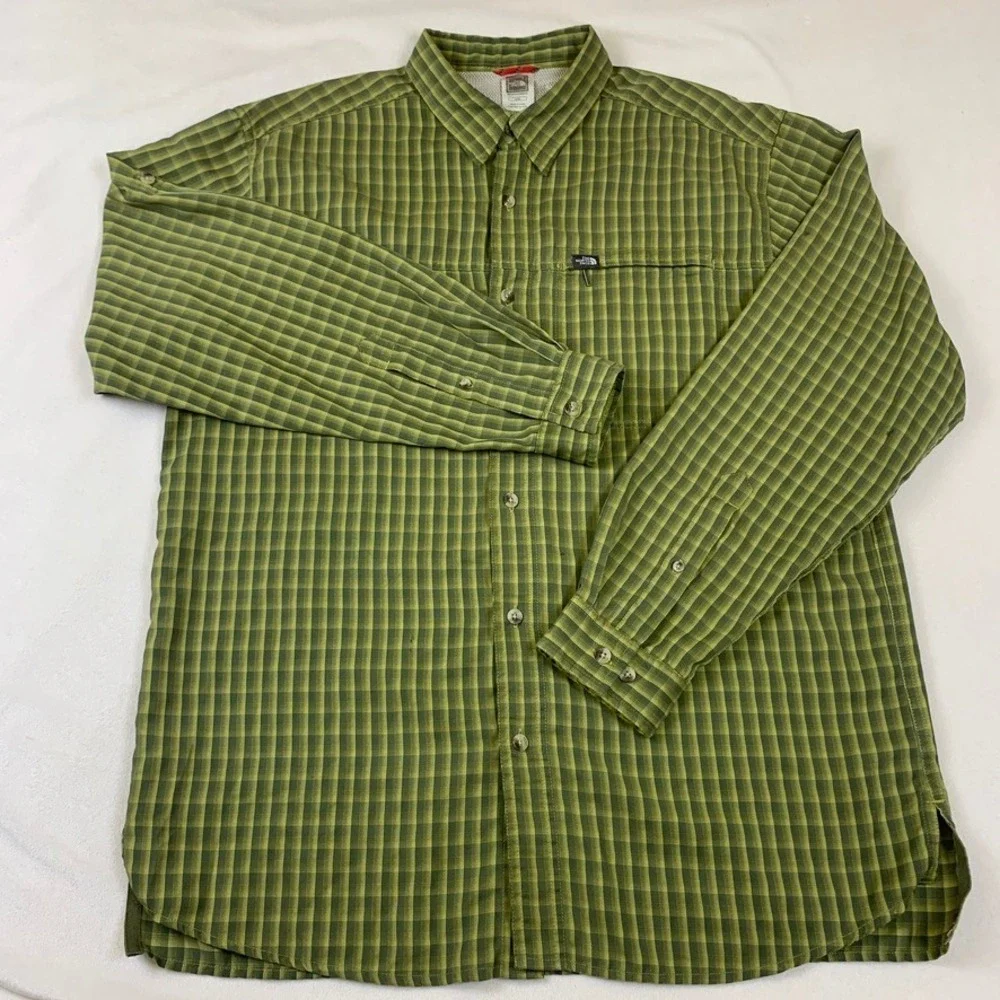 The North Face Mens Large Green Plaid Modal Blend Long Sleeve Button Down AD7B